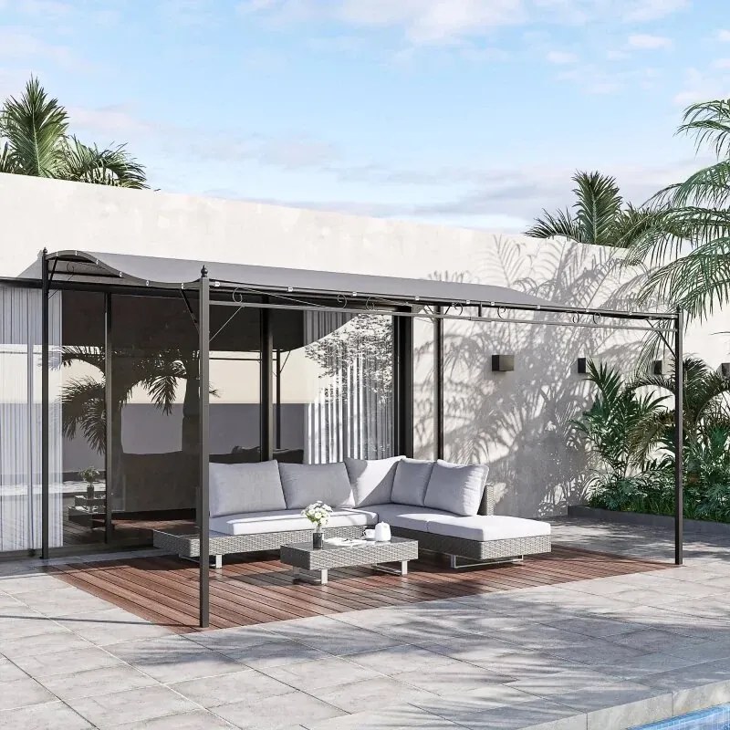 Pérgola de Jardim 4x3m Pérgola Montada na Parede com 16 Orifícios de Drenagem Metal e Poliéster 180 g/m² Resistente Cinza