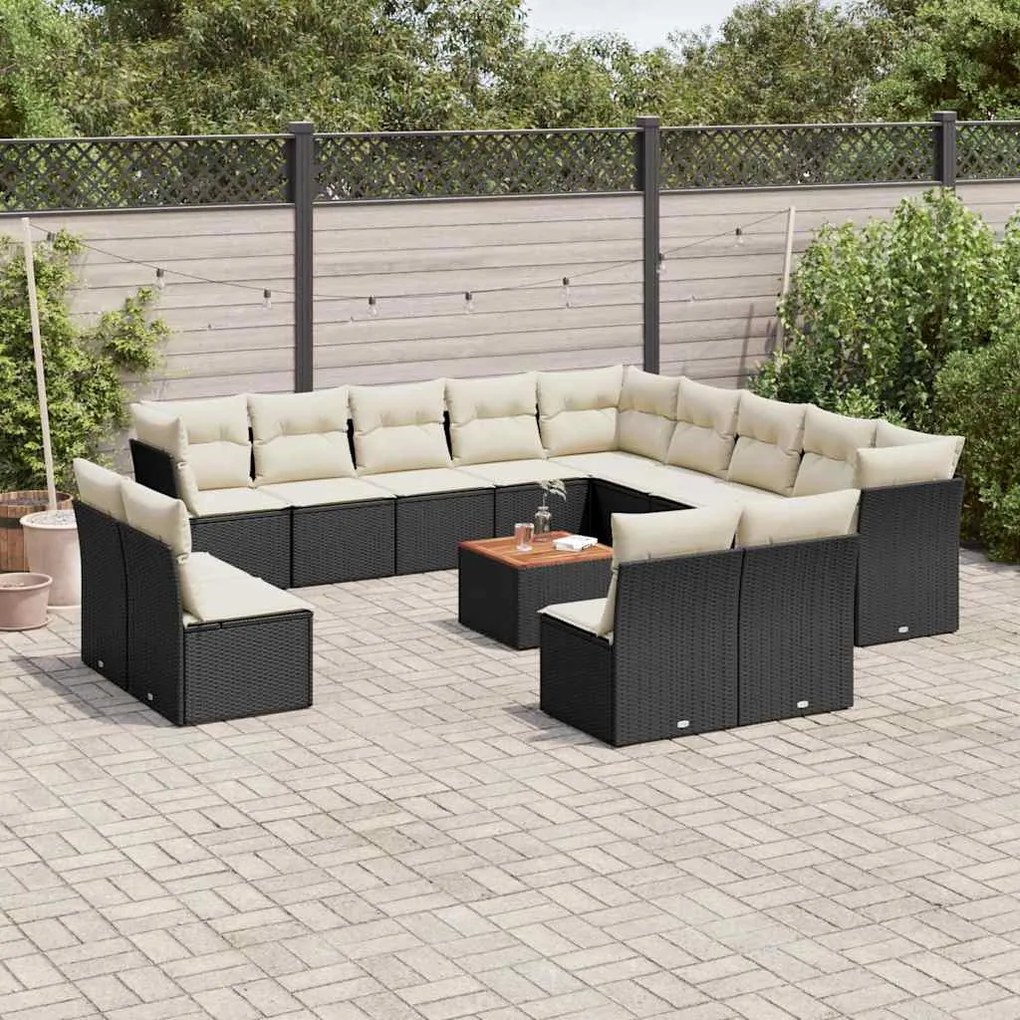 14 pcs conjunto de sofás p/ jardim c/ almofadões vime PE preto