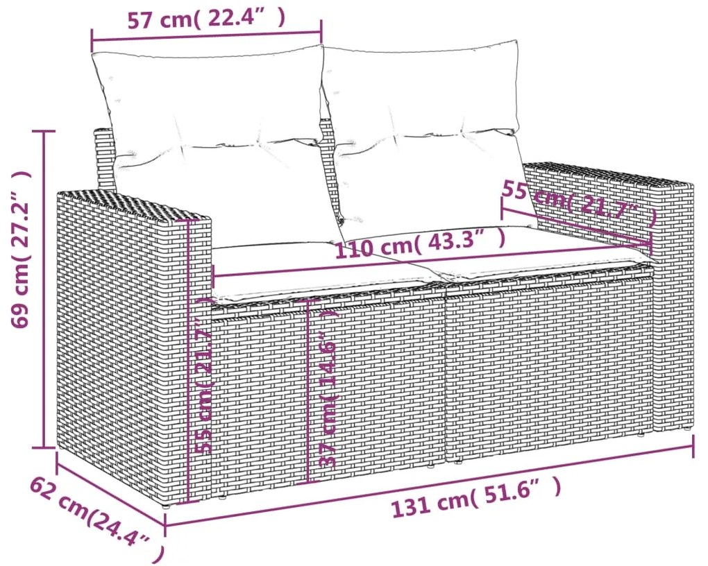 5 pcs conjunto sofás de jardim c/ almofadões vime PE cinzento