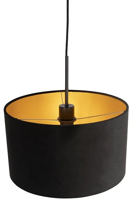Candeeiro de suspensão com abajur de veludo preto com dourado 35 cm - Combi Clássico / Antigo