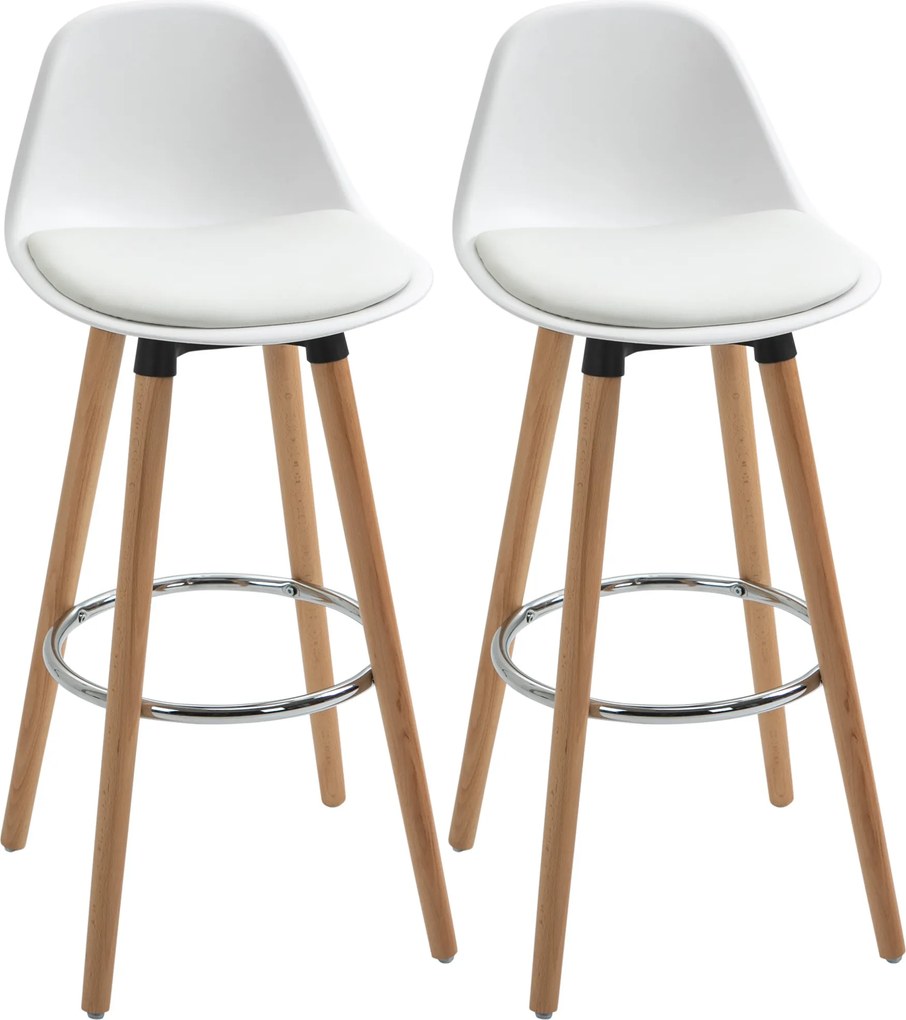 HOMCOM Conjunto de 2 Bancos de Bar Estofado em PU Bancos Altos de Cozinha com Pés de Madeira para Cozinha 38,5x42,5x91cm Branco | Aosom Portugal