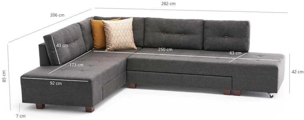 Sofá-Cama de Canto Manama – Antracite – 280x85x206 cm
