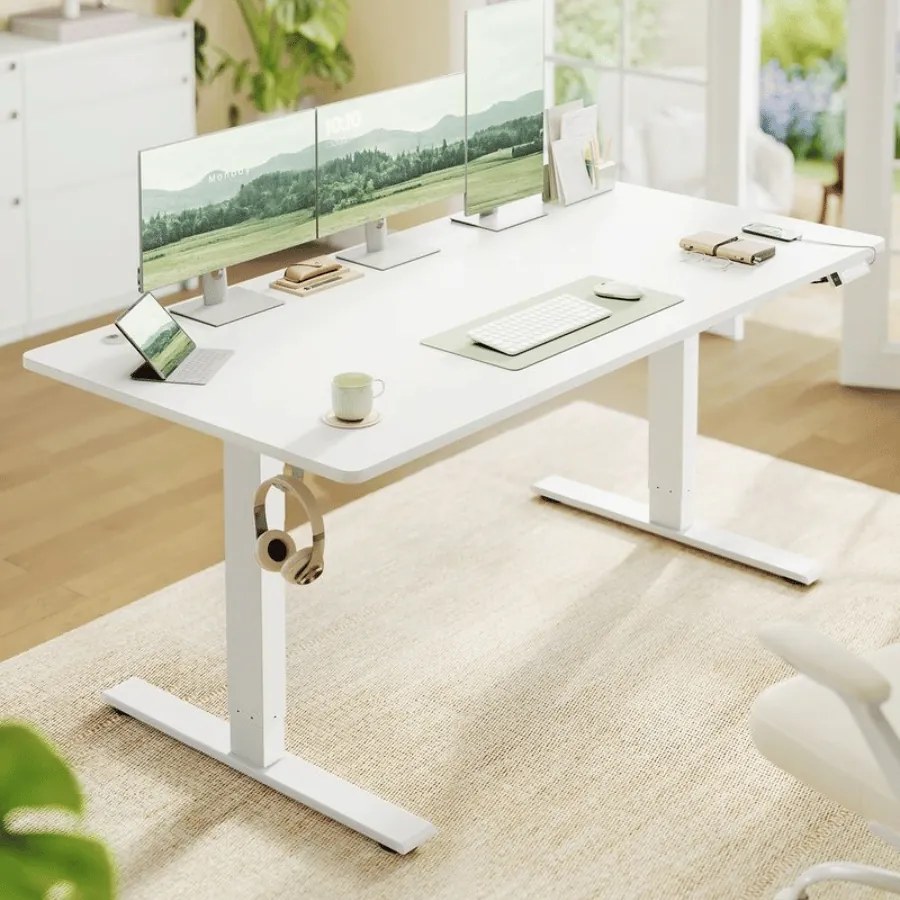 Secretária elétrica com altura ajustável 160 x 80 x (72-120) cm, porta USB e função de memória Branco mate