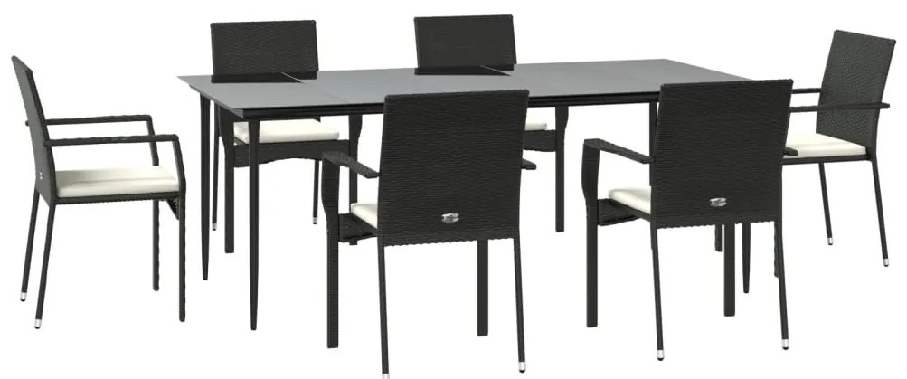 7 pcs conjunto de jantar p/ jardim c/ almofadões vime PE preto