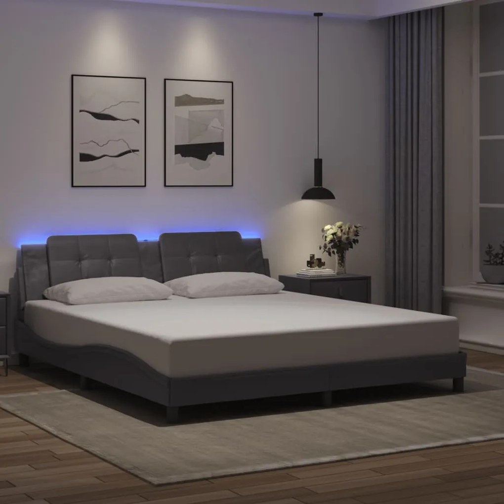 Estrutura de cama c/ luzes LED 180x200cm couro artificial cinza