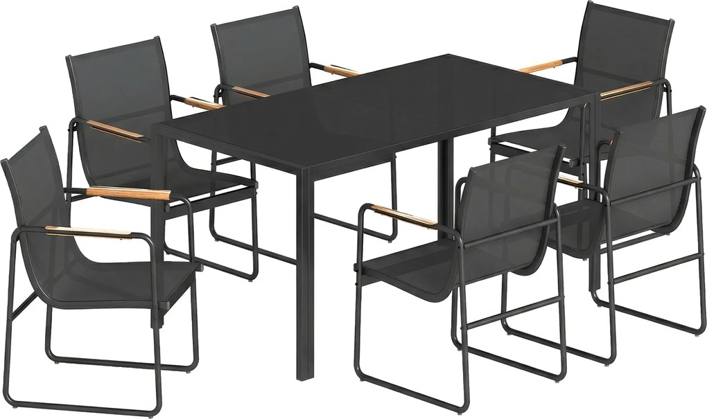Outsunny Conjunto de Móveis de Jardim 150 x 80cm Mesa de Vidro com 6 Cadeiras Respiráveis Apoios de Braço Decorativos Preto | Aosom Portugal