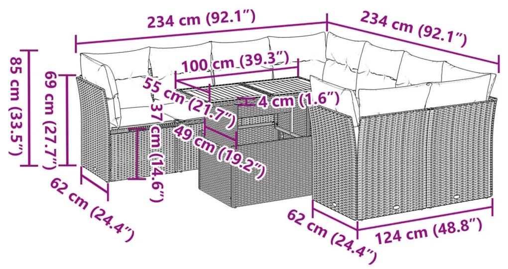 9 pcs conjunto de sofás p/ jardim com almofadões vime PE bege