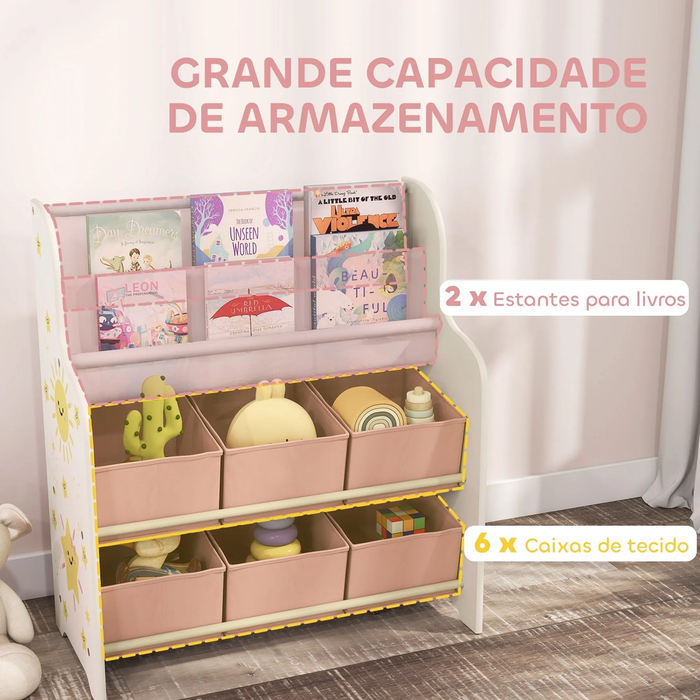 Estante Infantil para Brinquedos com 6 Caixas de Tecido Não Tecido Organizador de Brinquedos com 2 Prateleiras 63x30x71 cm Rosa