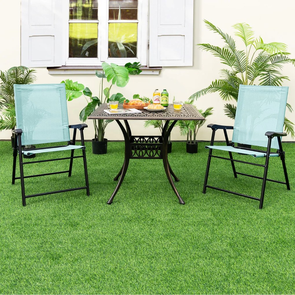 Conjunto de 4 cadeiras de jardim dobráveis e portáteis com encosto em tecido Estrutura metálica para terraço de piscina 65 x 60 x 93 cm Verde