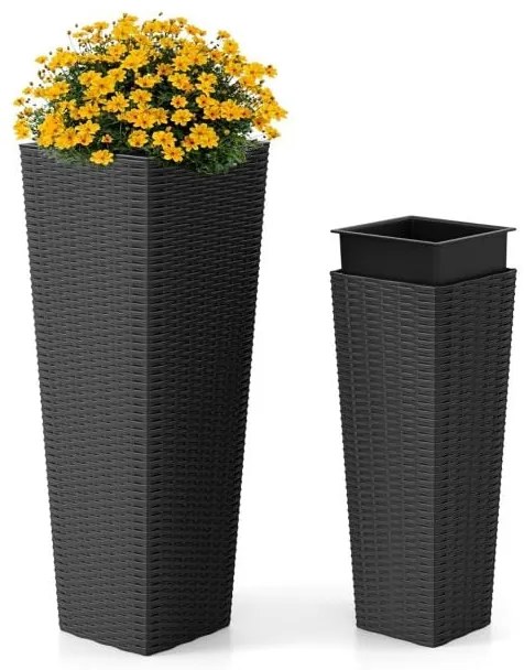 Conjunto de 2 vasos com vaso interno de 82 cm / 60 cm de altura vasos de vime empilháveis com furos de drenagem marrom