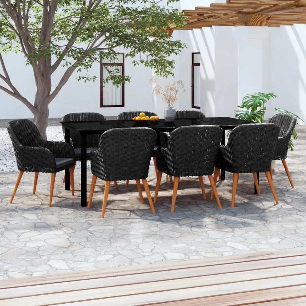 9 pcs conjunto de jantar para jardim com almofadões preto