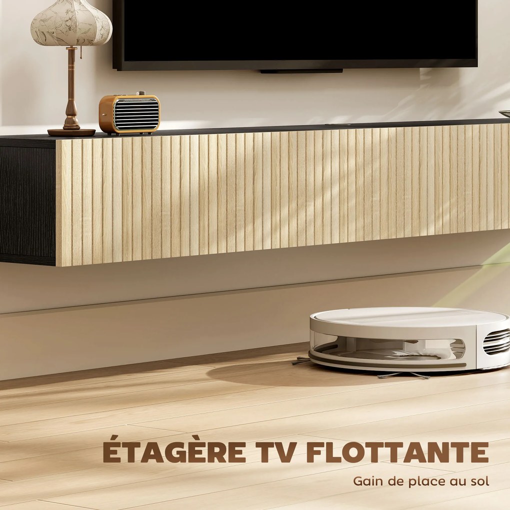 Móvel de televisão suspenso de 140 cm, móvel para televisor de 72 polegadas, 2 portas rebatíveis, 140 x 25 x 22 cm, madeira natural e preta
