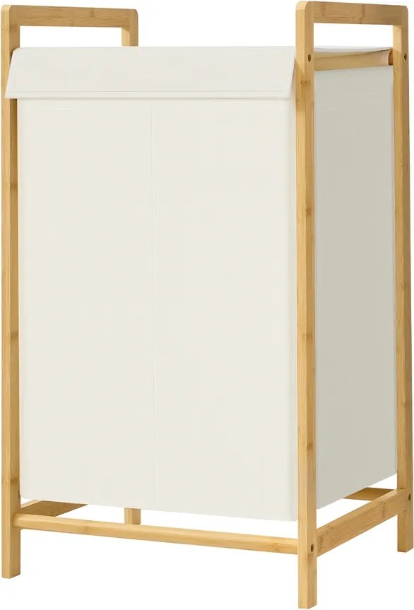 Cesto de roupa suja com tampa 45 x 40 x 78 cm, 2 compartimentos; cesto de roupa suja com estrutura de bambu, saco de roupa suja removível Creme