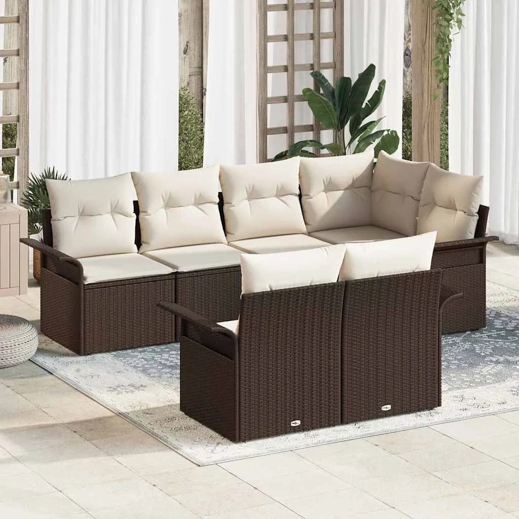 vidaXL Conjunto de Sofá de Jardim com 7 Peças , Almofadas em Rattan Sintético Castanho