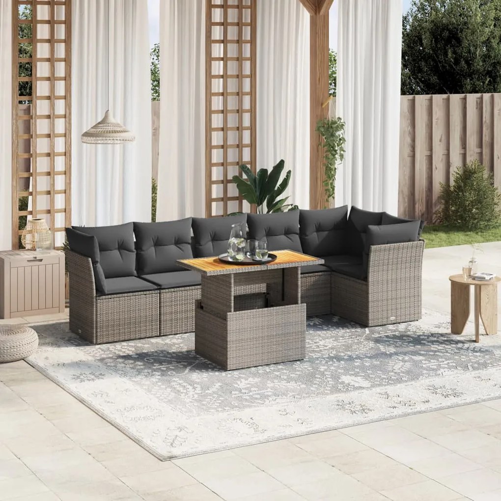 vidaXL 7 pcs conjunto sofás p/ jardim c/ almofadões vime PE cinzento