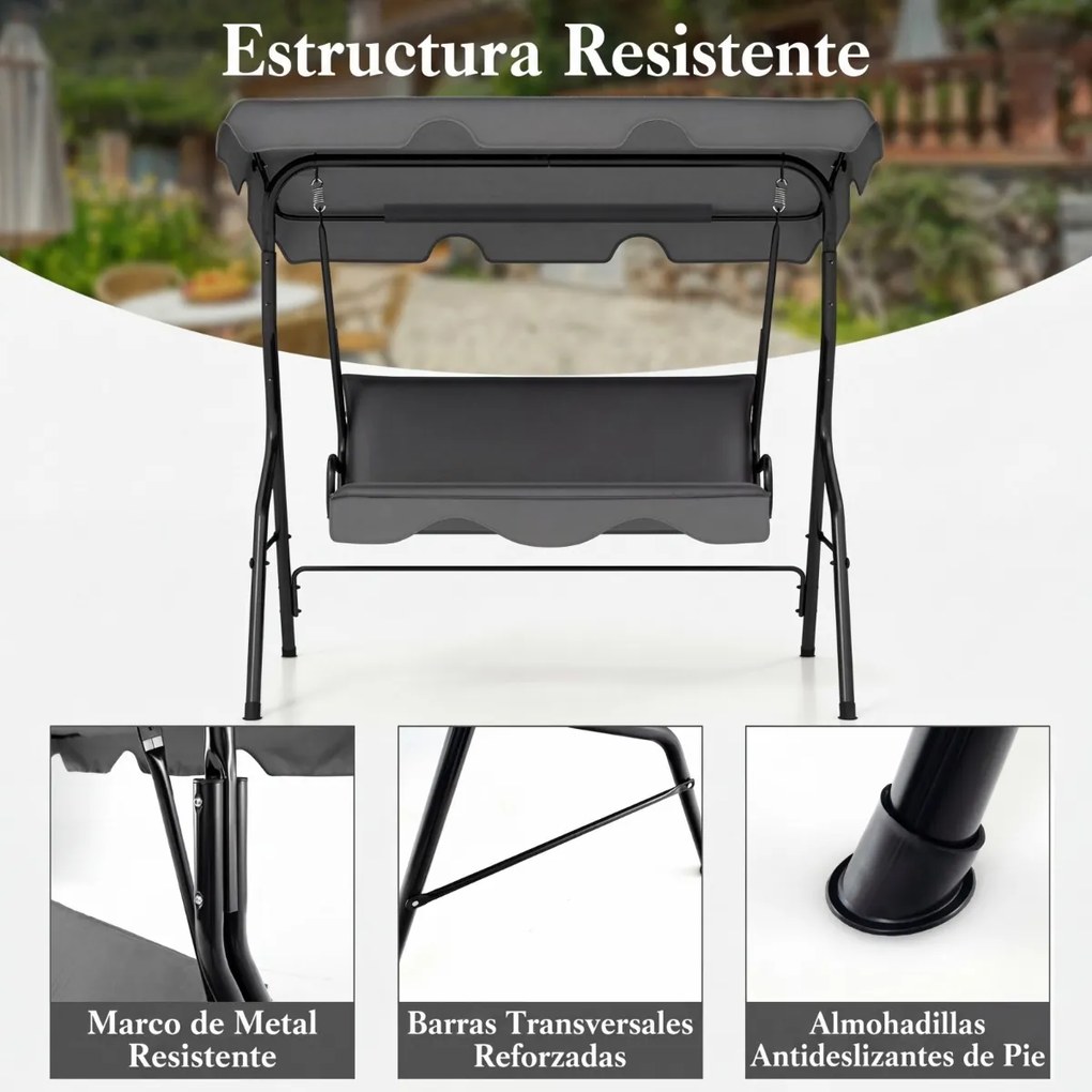 Baloiço Jardim 172 x 154 x 110 cm para 3 pessoas com toldo ajustável e almofada removível para jardim ou pátio, cinzenta