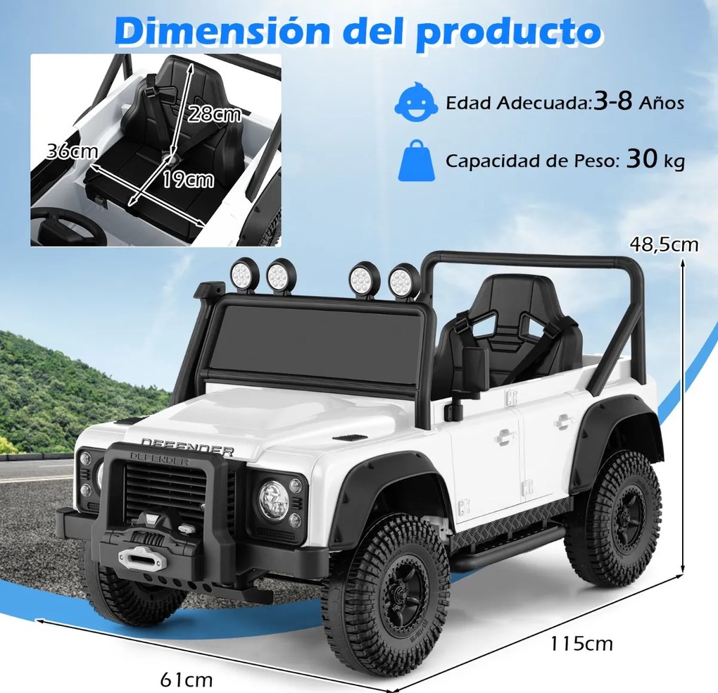 Jipe Land Rover Defender elétrico infantil 12V com comando à distância, suspensão completa, faróis e música para idades entre 3 e 8 anos, Branco