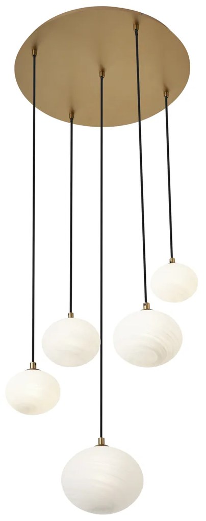 Candeeiro suspenso Art Deco dourado com vidro opalino 5-luzes - Yani Art Deco