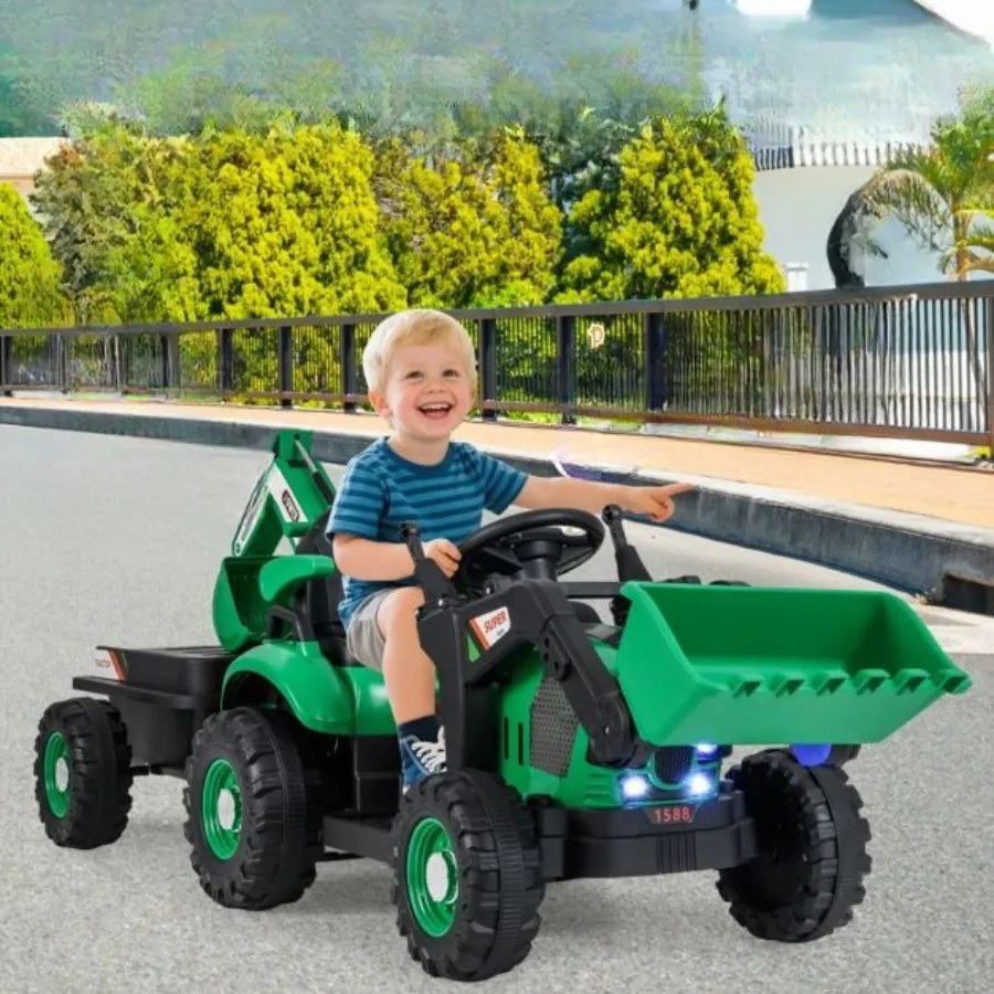 Trator elétrico 4 em 1 para crianças 12V com controle remoto, pá, reboque removível e luzes LED para crianças de 3 a 8 anos, 185 x 58 x 65 cm Verde