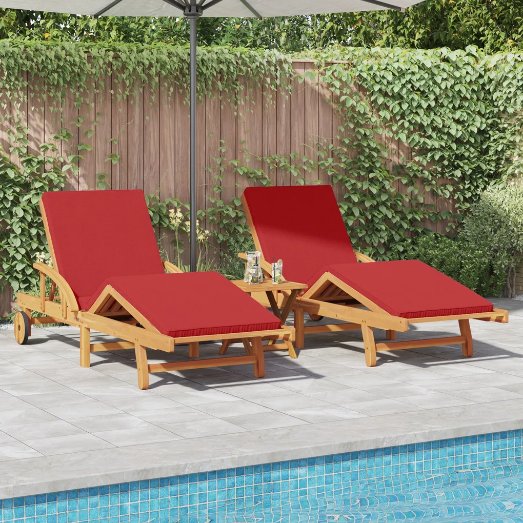 vidaXL Espreguiçadeiras 2 pcs com Almofadas e Mesa Vermelha Madeira Sólida de Acácia