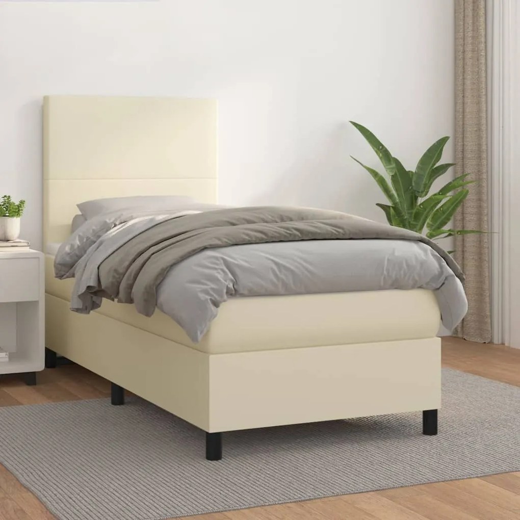 vidaXL Cama com molas/colchão 90x200 cm couro artificial cor creme
