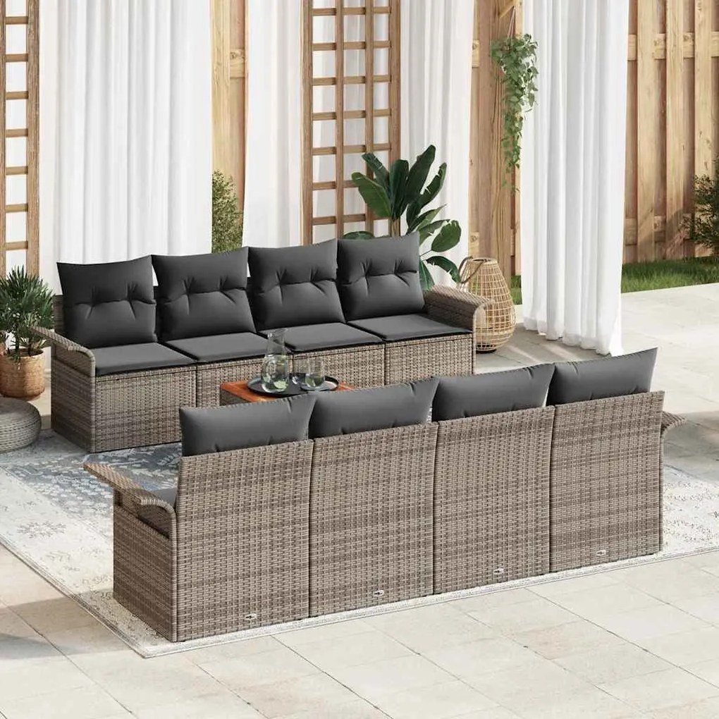 Conjunto de Sofá de Jardim com 9 peças e almofadas cinzas, em Rattan S