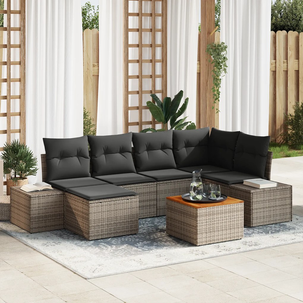 Conjunto de Sofá de Jardim de 7 Peças com Almofadas Cinza Rattan Polié