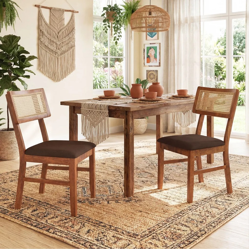 Conjunto de 2 cadeiras jantar estofadas com encosto em rattan tecido (MESA NÃO INCLUIDA), Estrutura em madeira de borracha Cor de nogueira e Castanho