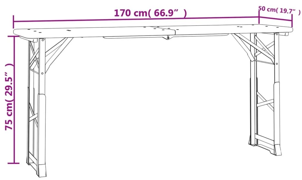 Mesa de cerveja dobrável 170x50x75/105 cm madeira abeto maciça