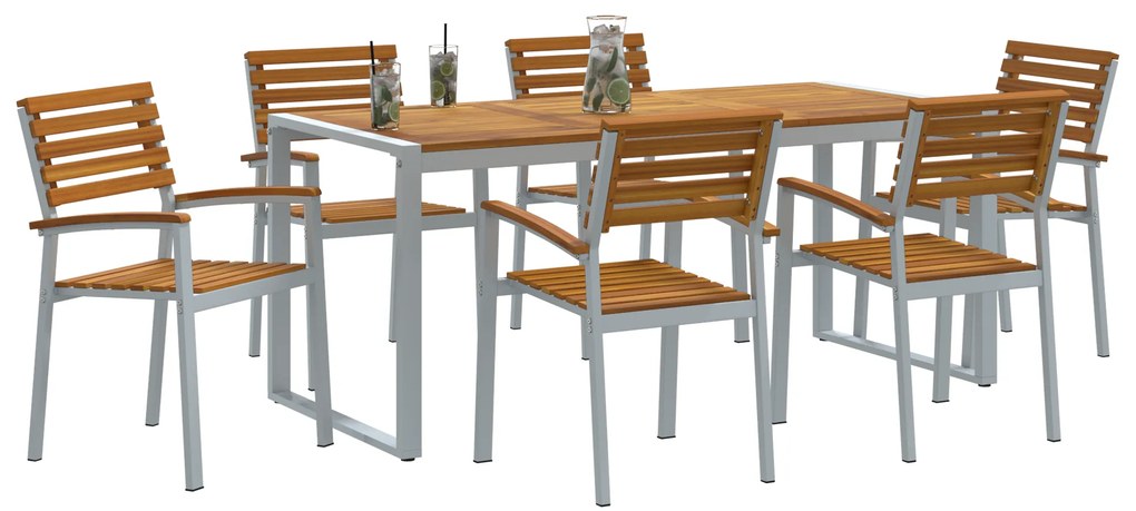 Conjunto de Jantar de Jardim 7 Peças Madeira Sólida de Acácia e Metal