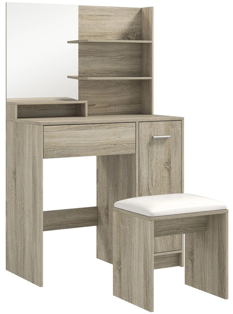 Toucador de Maquilhagem com Banco Mesa de Maquilhagem com Espelho Prateleiras e Gaveta 80x40x132 cm Madeira e Bege