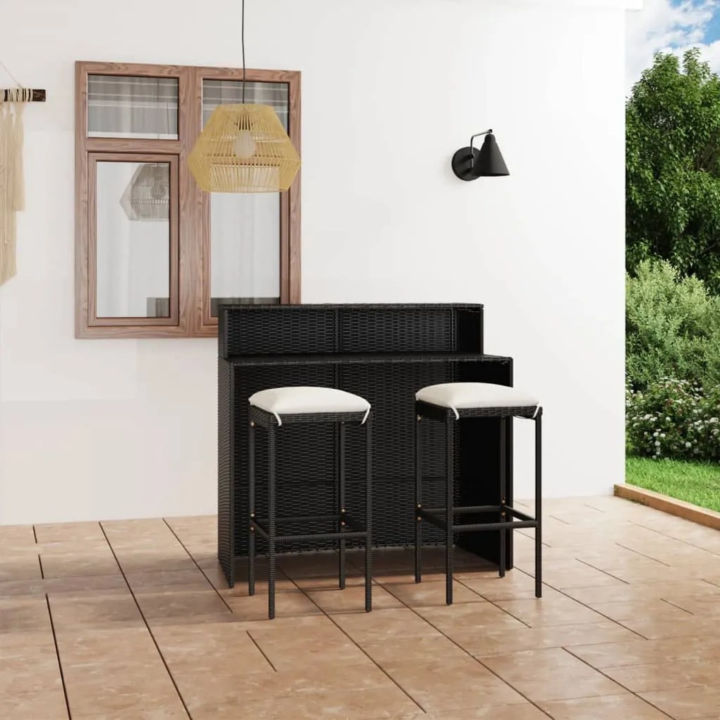 vidaXL 3 pcs conjunto de bar para jardim com almofadões preto