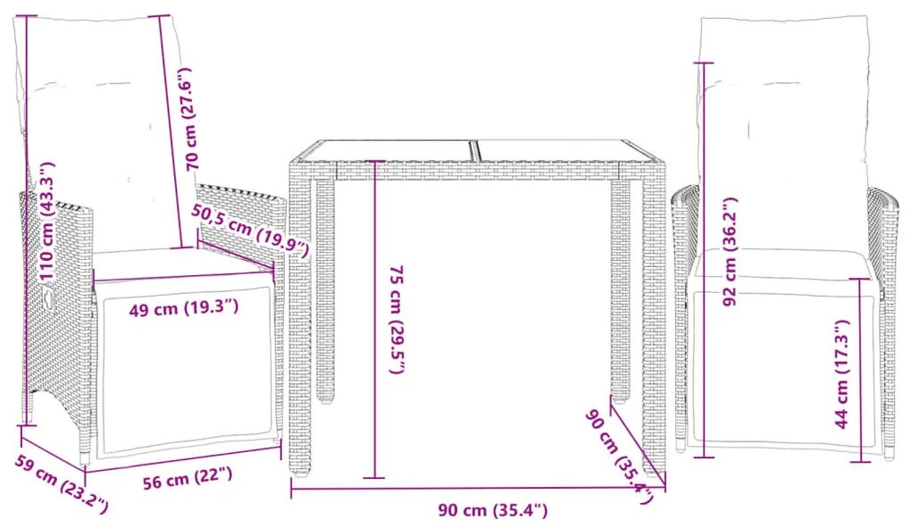3 pcs conjunto bistrô de jardim c/ almofadões vime PE cinza