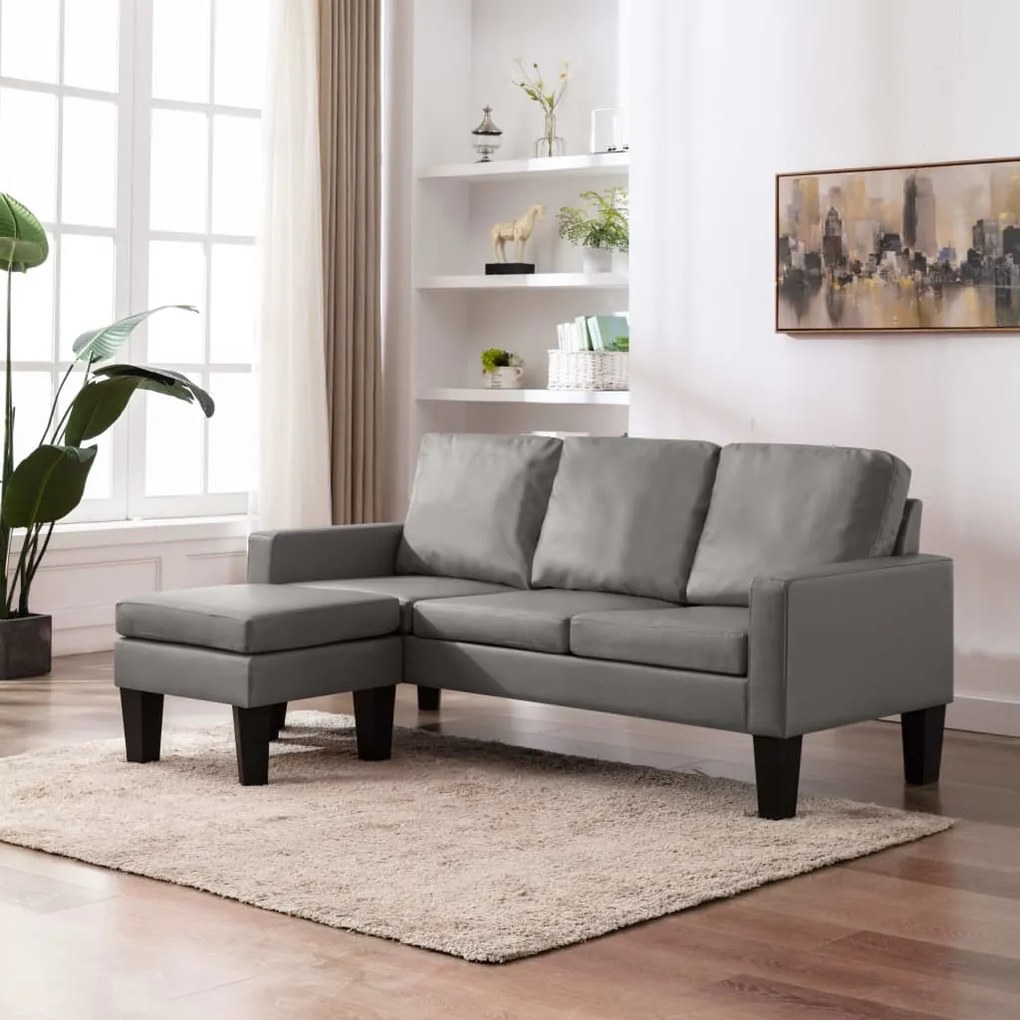 vidaXL Sofá de 3 lugares com apoio de pés couro artificial cinzento