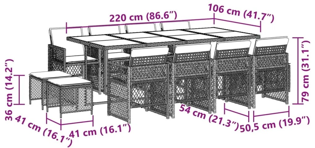 13 pcs conjunto jantar p/ jardim c/ almofadões vime PE cinzento
