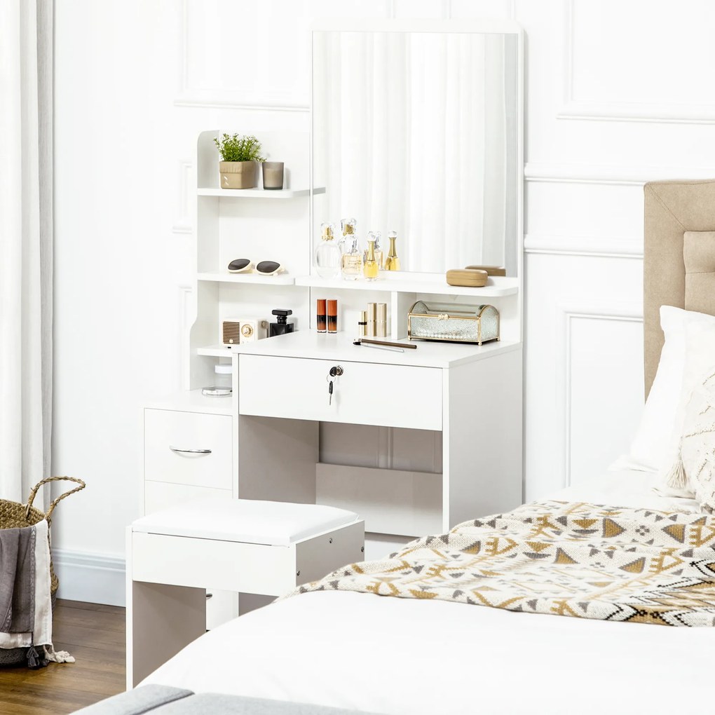 HOMCOM Toucador de Maquilhagem com Banco e Espelho Mesa de Maquilhagem com 4 Gavetas 4 Compartimentos de Armazenamento Estilo Moderno 80x38x143cm Branco