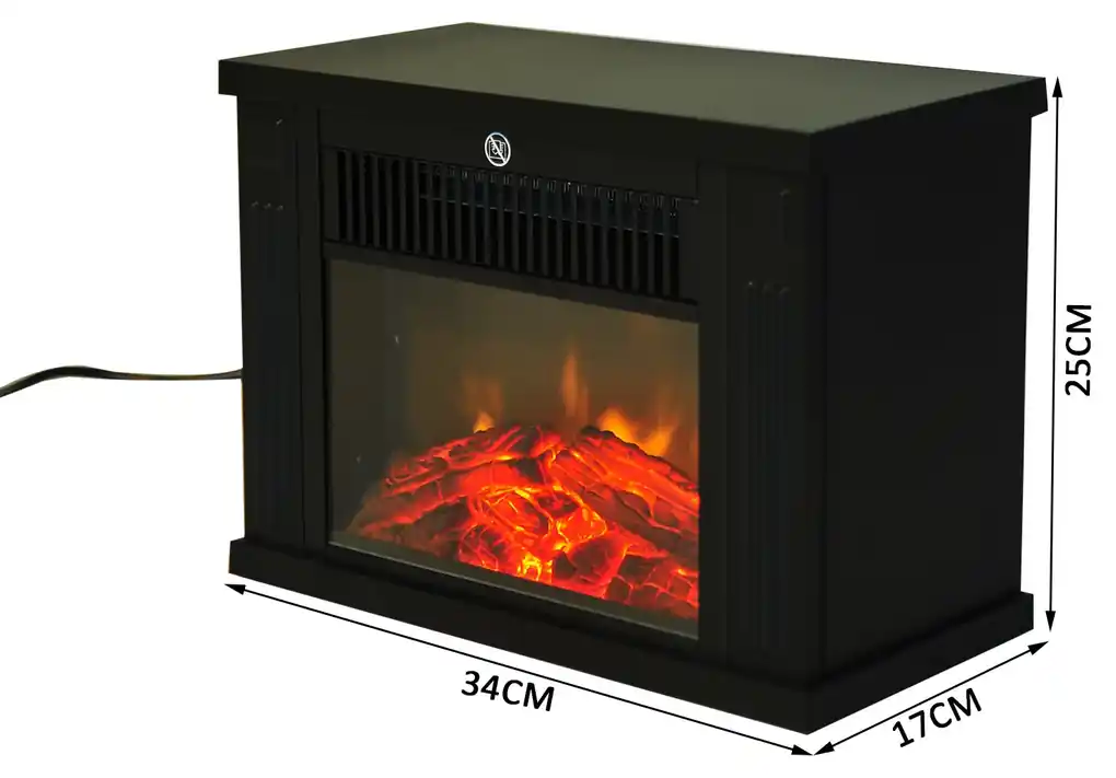 Lareira Eléctrica tipo aquecedor com ilusão de lenha arder 600W/1200W –  Preto - 34.5x17x31cm