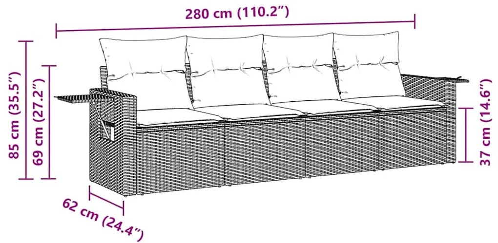 4 pcs conjunto sofás de jardim c/ almofadões vime PE castanho
