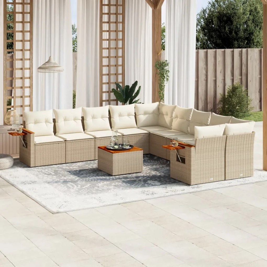 11 pcs conjunto sofás de jardim c/ almofadões vime PE bege