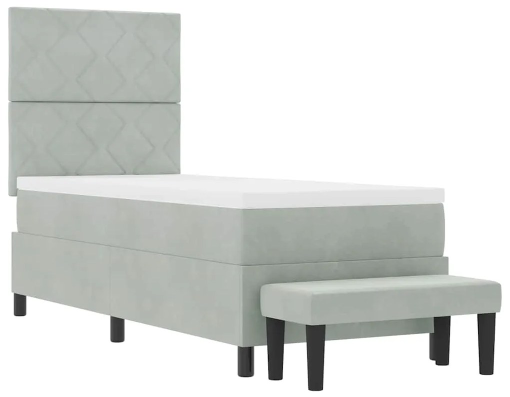 Cama Box Spring com Colchão e Banco Cinza Claro 80x200 cm Veludo