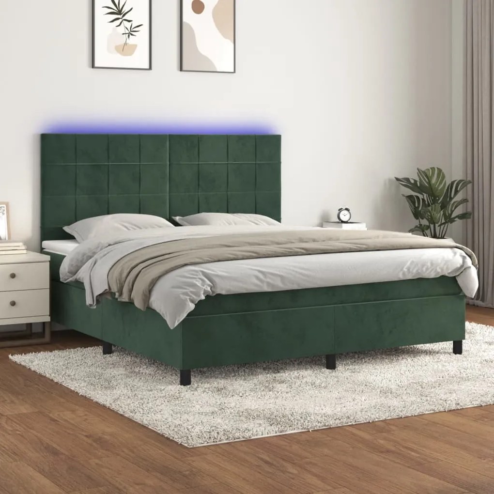 Cama box spring c/ colchão/LED 180x200 cm veludo verde-escuro