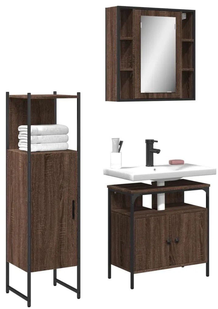 vidaXL 3 pcs conjunto móveis WC derivados de madeira carvalho castanho