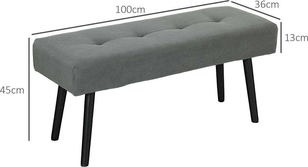 Banco para colocar ao pé da cama, estofado em veludo canelado e com pés em aço preto, capacidade de carga de 220 kg, 100 x 36 x 45 cm, cinzento