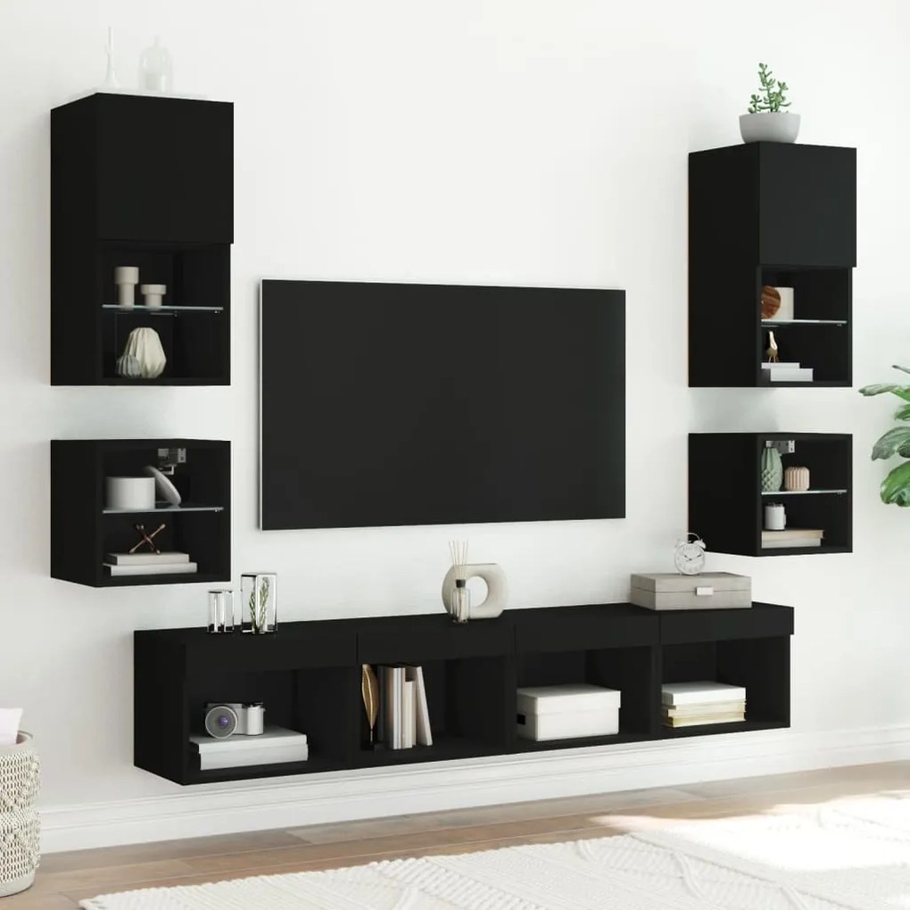Móveis de parede p/ TV com luzes LED 2 pcs 30x28,5x30 cm preto