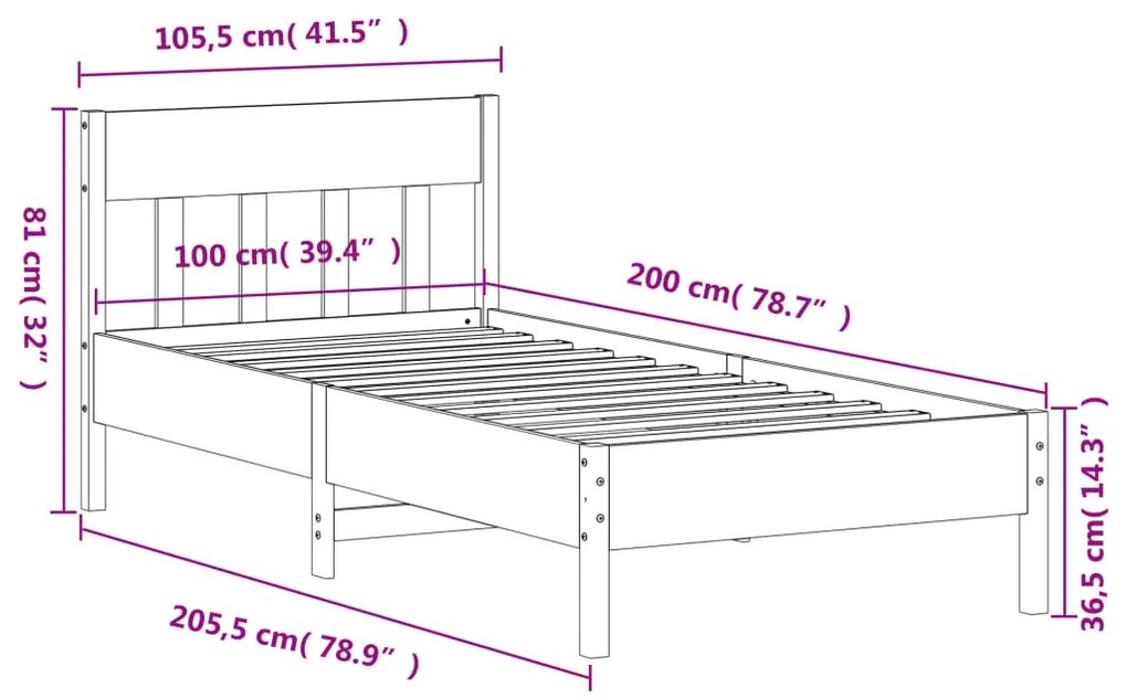 Estrutura de cama com cabeceira 100x200cm pinho maciço branco