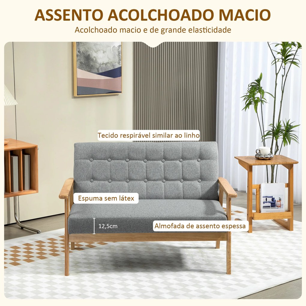 Sofá 2 Lugares Estofado em Linho com Apoio para os Braços de Madeira Encosto Acolchoado 114x75x76 cm Cinza Claro