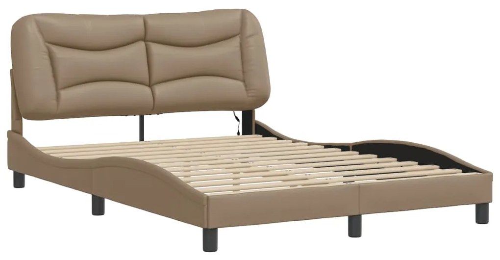 Estrutura cama c/ luzes LED 140x200cm couro artif. cappuccino