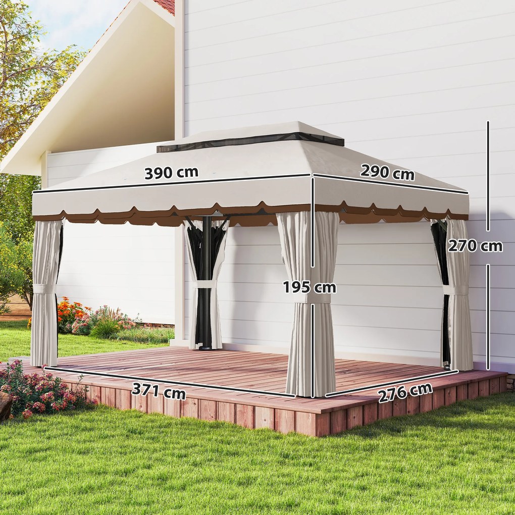 Pérgola de Jardim 390x290x270 cm com 4 Cortinas Laterais 4 Telas Mosquiteiras e 8 Orifícios de Drenagem Creme