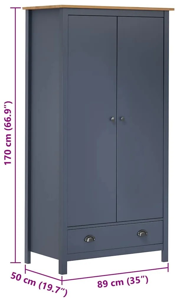 Roupeiro 2 portas Hill 89x50x170 cm pinho maciço cinzento