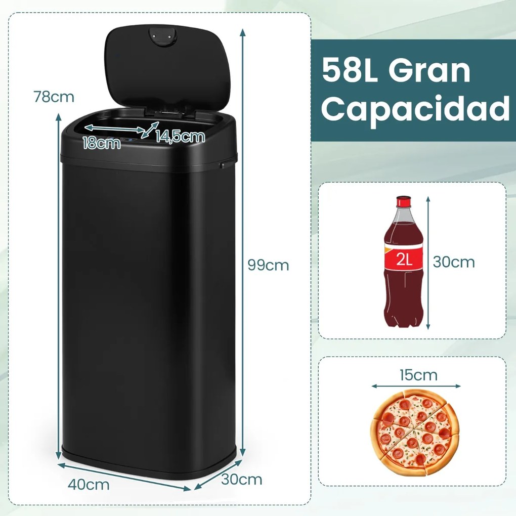 Caixote do lixo de 68 L com sensor de movimento infravermelho com tampa de dupla zona que permanece aberta e fecho suave Preto